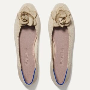 NEW Rothy's Petal Square Flat Light Gold Metallic White Beige Flower Size 9